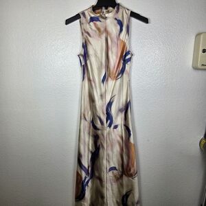 Luxely High Neck Satin Midi Dress Cream/Blue Women's Size 4